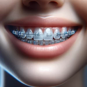 Close-up of a patient wearing Kennesaw clear braces, showing the transparent nature of the braces and their snug fit on the teeth.