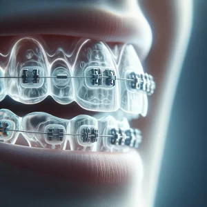 A close-up of clear braces showing their composition, with details of the materials used, including transparent aligners and metal components.
