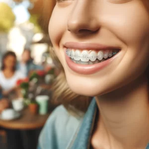 A person in a public setting wearing Kennesaw clear braces, highlighting their near-invisible appearance during everyday activities.