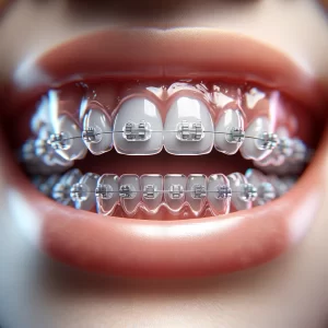 A close-up of Kennesaw clear braces on teeth, showing their transparent design and how they fit snugly to the teeth.